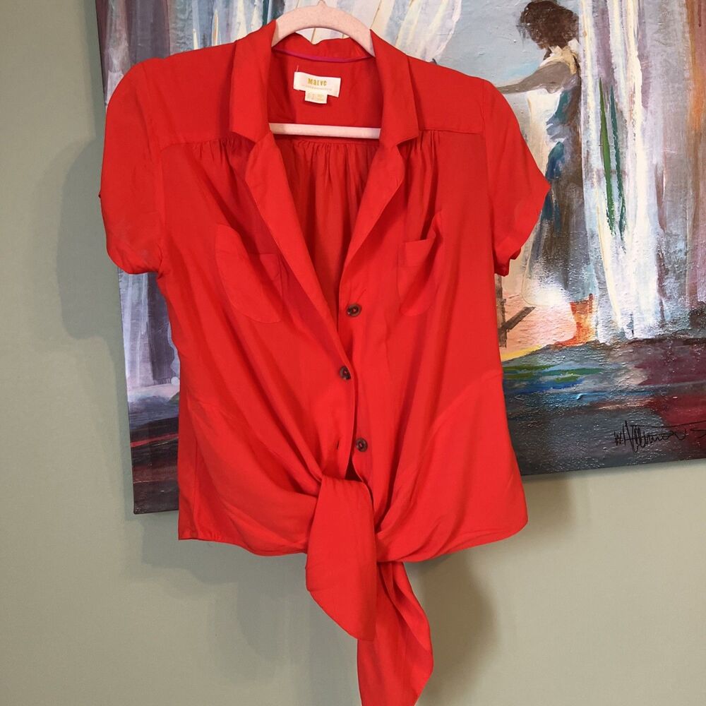 Anthropologie Maeve Shirt 4 Button Down Tie Front Blouse Red Orange/ See Details